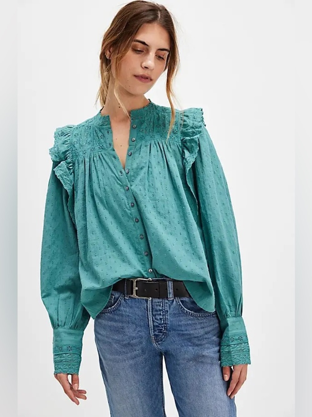 Free People Wrapped In A Dream Top Medium in North Sea Green Crochet Ruffle